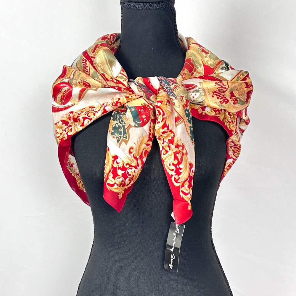 Symphony Scarfs Christmas Scarf Vintage Santa Print Made in Italy Red Gold NWT